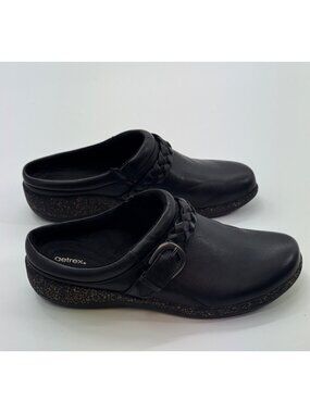 Aetrex Libby Womens Black Leather Slip-On Clogs With Braided Strap Size 10 M